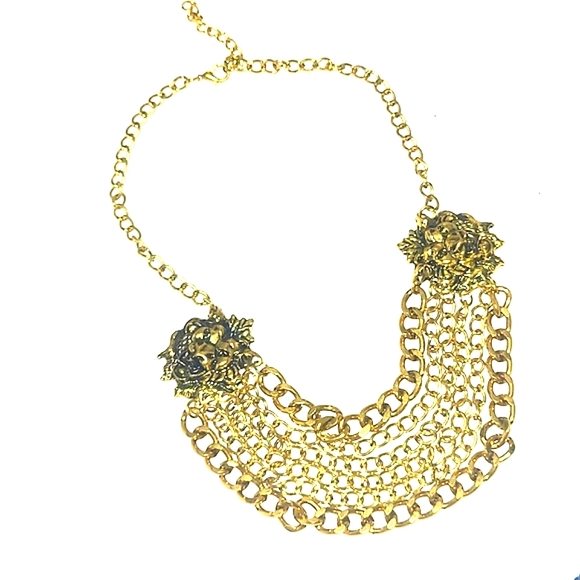 18" Necklace Golden Lion Head Medallions Double 6 strand curb chain adj - Picture 4 of 4